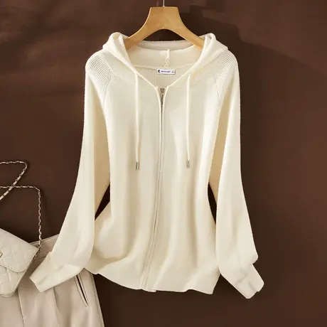 真维斯Z+女装 舒适百搭纯色针织开衫修身显瘦抽绳连帽外套X图片