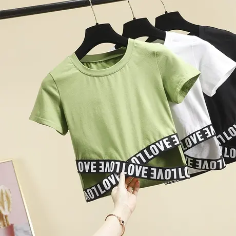 白色短袖t恤女夏漏腰上衣修身显瘦设计感小众短款露脐运动体恤潮商品大图