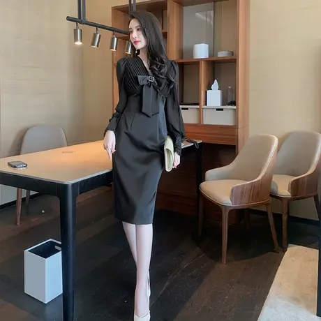 赫本风蝴蝶结名媛气质连衣裙女包臀显瘦小礼服平时可穿中长款裙子商品大图