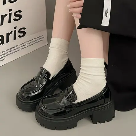 粗跟厚底黑色小皮鞋女2024新款春季jk制服单鞋女鞋子增高跟乐福鞋商品大图