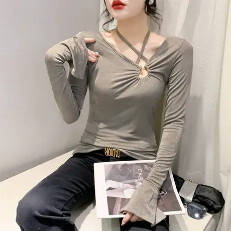 性感网纱小心机绑带镂空上衣打底衫气质公主袖开叉修身百塔T恤ins图片