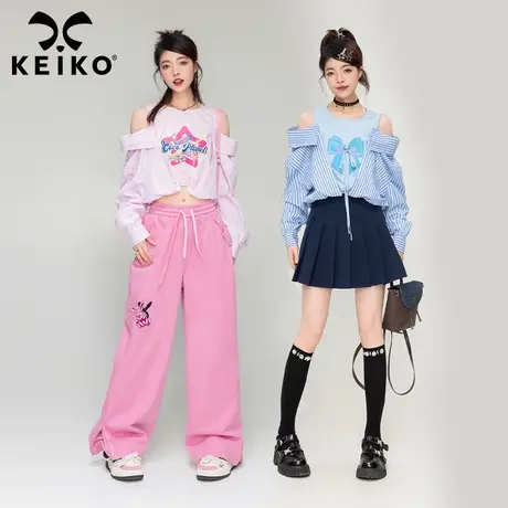KEIKO 假两件拼接条纹长袖衬衫2024春夏减龄甜辣妹露肩显瘦上衣图片