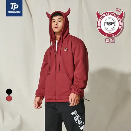 TOMATOPAPA秋季原创设计感恶魔角开衫连帽卫衣绒底宽松男士外套潮商品大图
