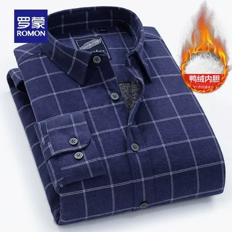 【羽绒内胆】罗蒙男士长袖羽绒衬衫中老年冬季纯棉加绒爸爸装衬衣商品大图