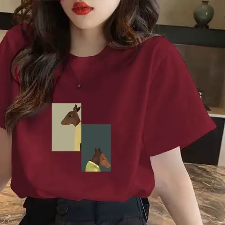 拜年酒红色喜庆短袖2024新款龙年本命年T恤宽松显瘦百搭打底上衣商品大图