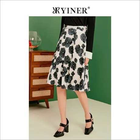 【醋酸系列】YINER音儿春季时尚水墨艺术印花高腰A字裙半身裙商品大图