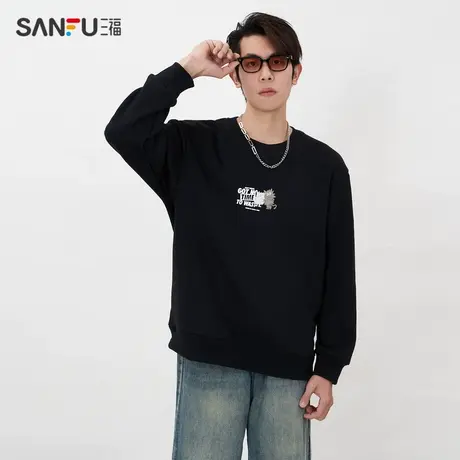 三福2024春男士趣味猫咪卫衣 运动风休闲宽松圆领上衣男484637商品大图