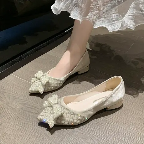 单鞋女2024春夏新款珍珠晚晚鞋粗跟中跟一脚蹬高级感蝴蝶结孕妇鞋商品大图