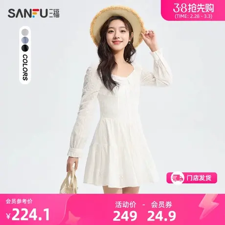 三福连衣裙2024新款春季通花长袖收腰方领短款公主裙子女装483826图片