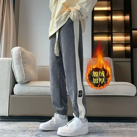 运动卫裤男秋冬季裤子男士休闲长裤条纹束脚垂感宽松大码加绒加厚商品大图