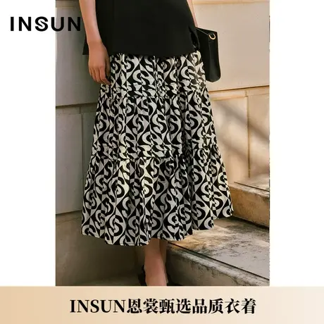 INSUN恩裳夏季logo棉质印花褶皱半裙图片