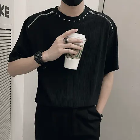 夏季小众个性拉链设计感短袖T恤男潮牌轻奢半袖T恤高街痞帅上衣潮商品大图