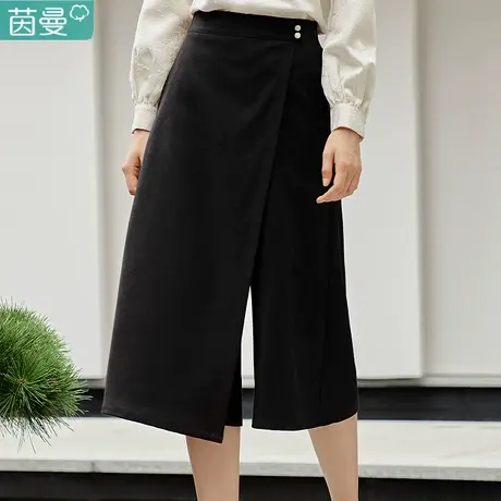 茵曼新中式设计感裤裙女装2024年春季新款轻国风黑色阔腿长裤子图片