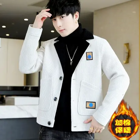 冬季新款加厚加棉毛呢子西装外套男士休闲西服潮流华夫格冬装上衣商品大图