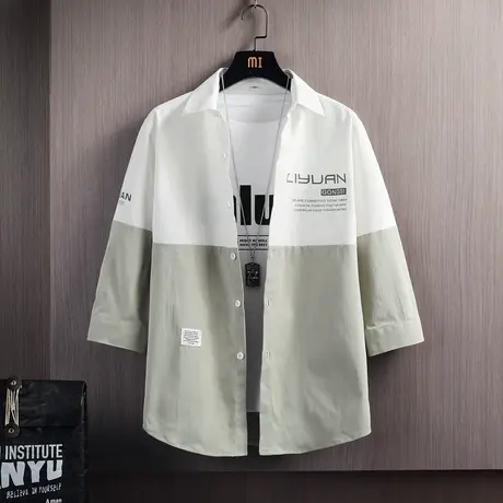 短袖衬衫男士衬衣夏季薄款潮牌工装七分袖上衣服休闲拼色夏装外套商品大图