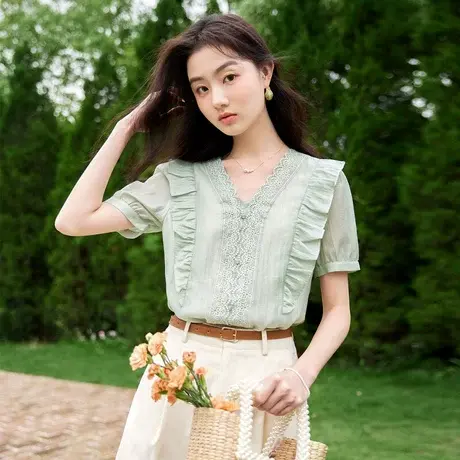 时尚气质减龄蕾丝短袖衬衫女士2023年夏季新款百搭休闲设计感上衣图片