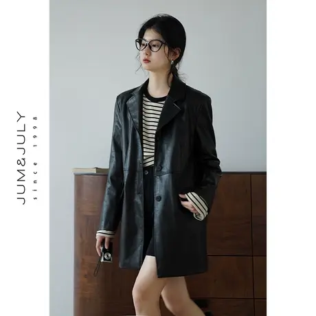 嘉茱莉2023秋季新款复古西装皮衣外套女美拉德外套中长款皮外套商品大图