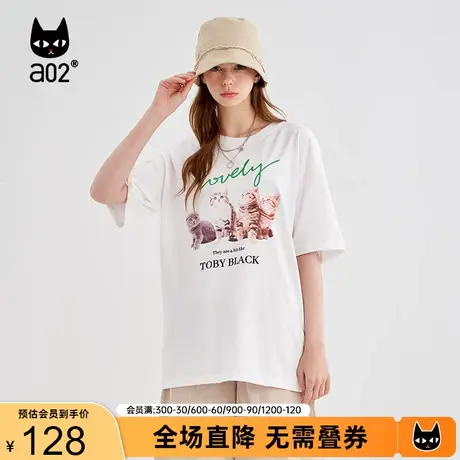 【趣玩】a02甜酷减龄T恤女2023夏季新品宽松百搭猫咪印花短袖T恤商品大图