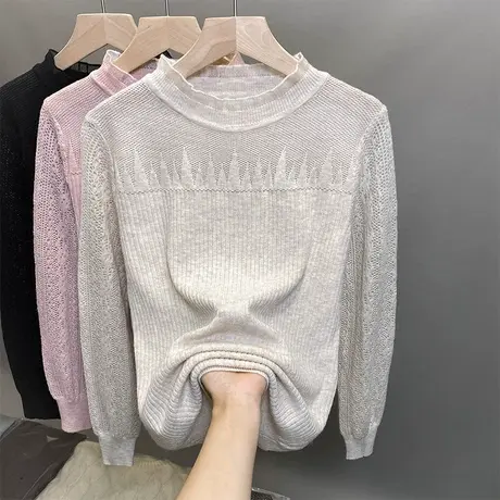 2023秋冬新款圆领镂空蕾丝针织衫女打底衫洋气外穿毛衣女上衣套头商品大图