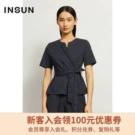 恩裳商场同款夏季经典棉质时尚竖线腰带收腰修身短袖衬衫女小个子商品大图