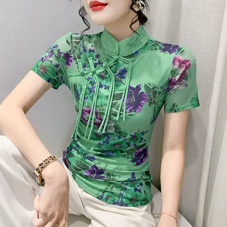国风复古盘扣上衣女短袖漂亮印花立领T恤夏装气质网纱修身小衫ins商品大图