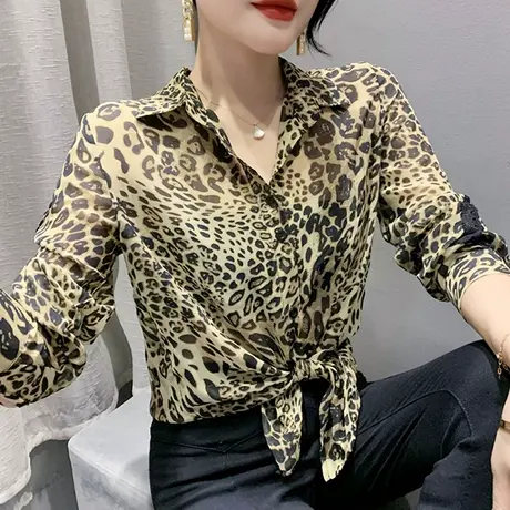 宽松长袖衬衫女欧货2023春秋新款性感网纱豹纹上衣气质薄款打底衫图片