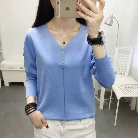 宽松V领长袖针织衫纯色纽扣薄款打底衫洋气新款蕾丝镂空毛衣女潮商品大图