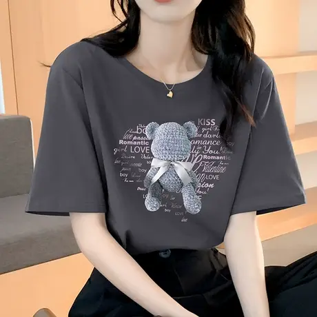 夏装短袖t恤女2023年新款宽松纯棉小熊正肩美式复古体恤上衣ins潮商品大图