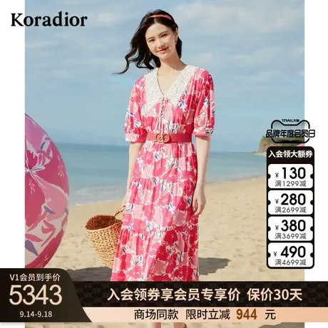 珂莱蒂尔商场同款2023年新款法式复古休闲茶歇裙子女蕾丝领连衣裙图片