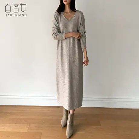 百洛安V领长袖针织连衣裙女秋新慵懒风大码宽松长款过膝毛衣裙厚图片