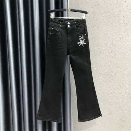 重工星星贴布潮流喇叭裤欧货2023女秋新款显瘦弹力个性牛仔微喇裤图片