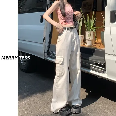 白色美式工装裤女夏2023年新款显瘦宽松休闲辣妹复古阔腿直筒裤子商品大图