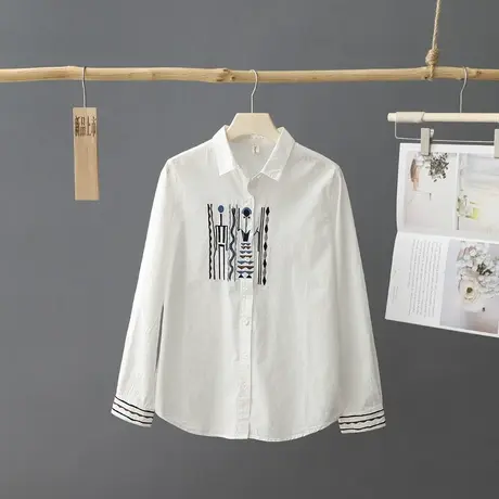 早春新款文艺刺绣长袖白衬衫女别致上衣2023春季新品宽松打底衬衣商品大图
