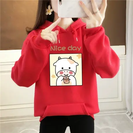 红色卫衣女秋冬加绒加厚2023新年时尚过年拜年外套牛年本命年衣服图片