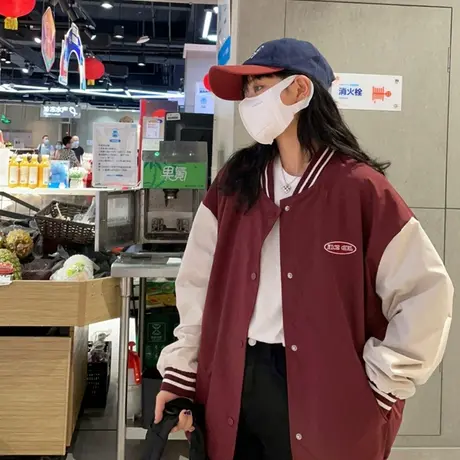 红续拼接撞色美式复古棒球服女春装022年新款小个子外套休闲夹克图片