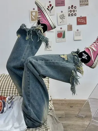 破洞毛边牛仔裤女秋季新款大码胖妹妹mm高腰显瘦设计感直筒阔腿裤商品大图