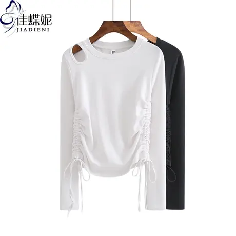 春秋纯色圆领纯棉修身抽绳镂空长袖小心机体恤上衣打底衫内搭女装商品大图