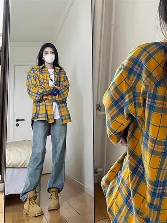 格子长袖衬衫女秋季小众设计感复古港风chic宽松慵懒外套体恤上衣图片