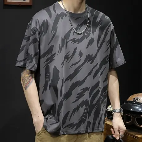 轻薄冰感短袖t恤男士宽松大码潮牌夏季2023新款男款冰丝男装体恤商品大图