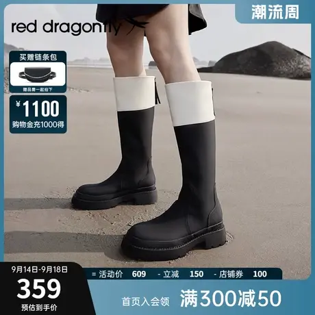 红蜻蜓靴子女冰糕长筒靴秋冬粗跟大筒围高筒靴女靴英伦风撞色长靴图片