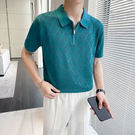 网红拉链设计款T恤男短袖镂空针织翻领半袖TEE修身洞洞菱格polo衫商品大图
