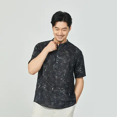 亚麻T恤男短袖夏季中国风男装宽松休闲上衣中年男士棉麻印花体恤商品大图