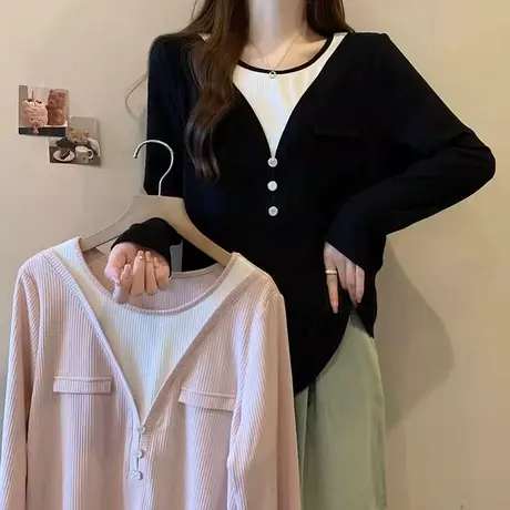 大码韩版长袖T恤女秋季打底衫设计感正肩胖mm遮肚假两件上衣200斤商品大图