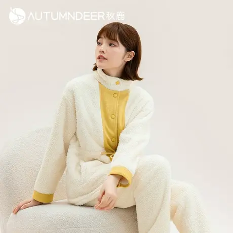 秋鹿珊瑚绒睡衣冬季女加绒加厚米粒绒立领可外穿家居服女秋冬套装图片