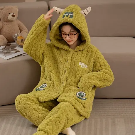 珊瑚绒睡衣女2023新款秋冬加绒加厚连帽法兰绒冬季家居服冬天套装商品大图