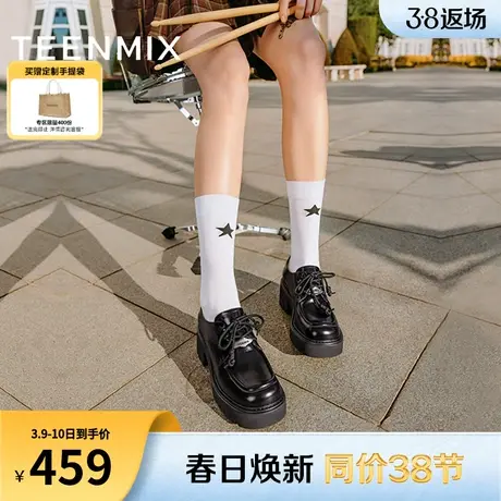 天美意粗跟厚底英伦小皮鞋女乐福鞋复古单鞋子2024春新款CHO30AM4图片
