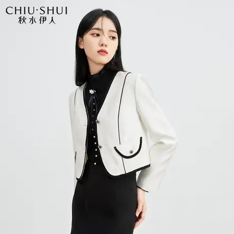秋水伊人简约通勤西装外套女2023秋新款V领修身百搭高级感小西装图片