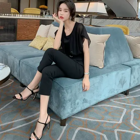 2023新款夏季御姐风套装两件套裤装高腰显瘦修身小脚九分微喇裤女图片