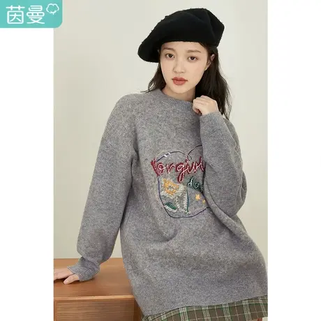 茵曼宽松女2022年冬季新款趣味印花宽松套头休闲圆领长袖针织上衣图片