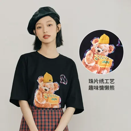 茵曼秋装新款女宽松显瘦落肩小熊印花圆领气质轻奢短袖t恤图片